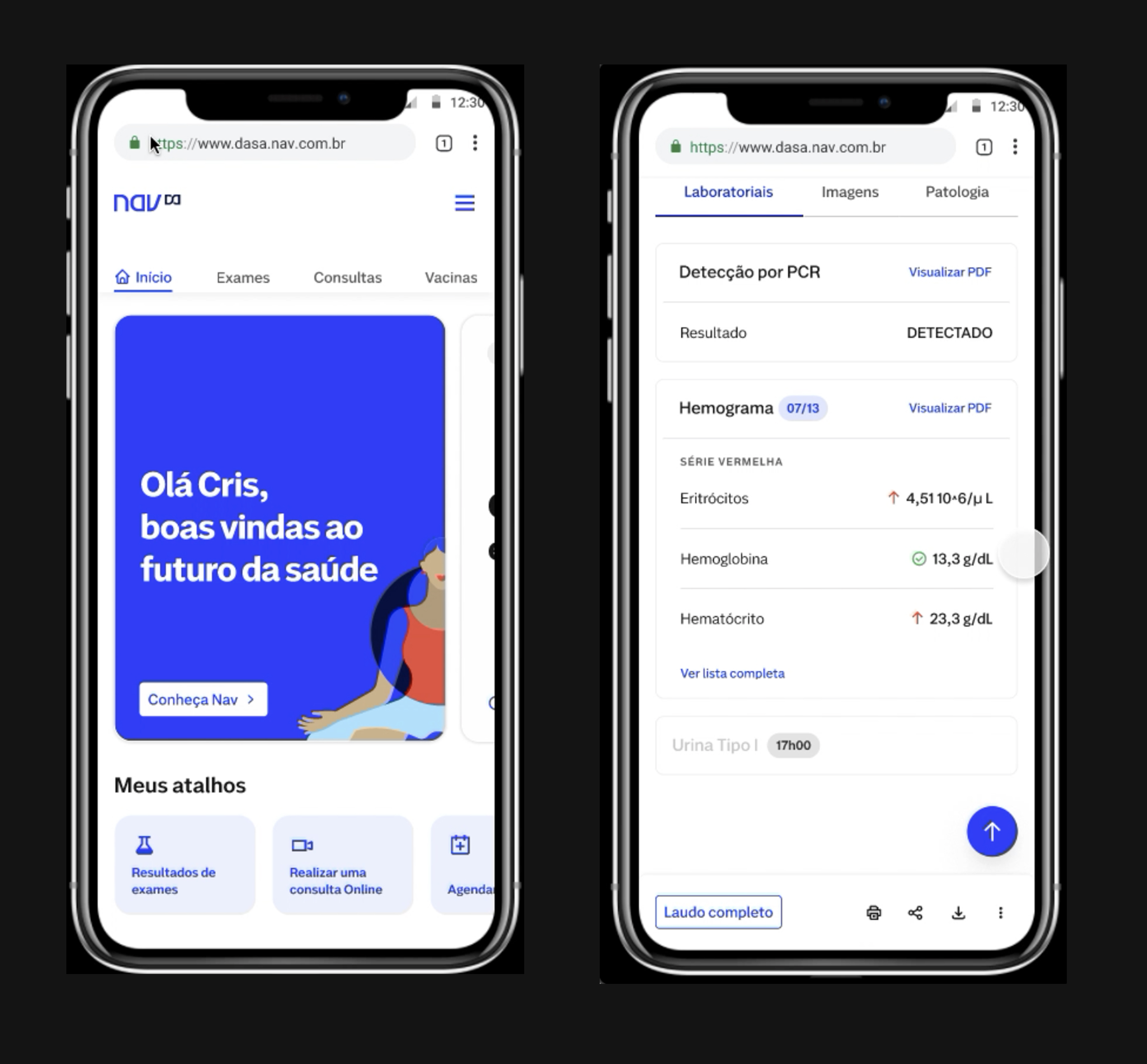 App Nav — home screen and lab results