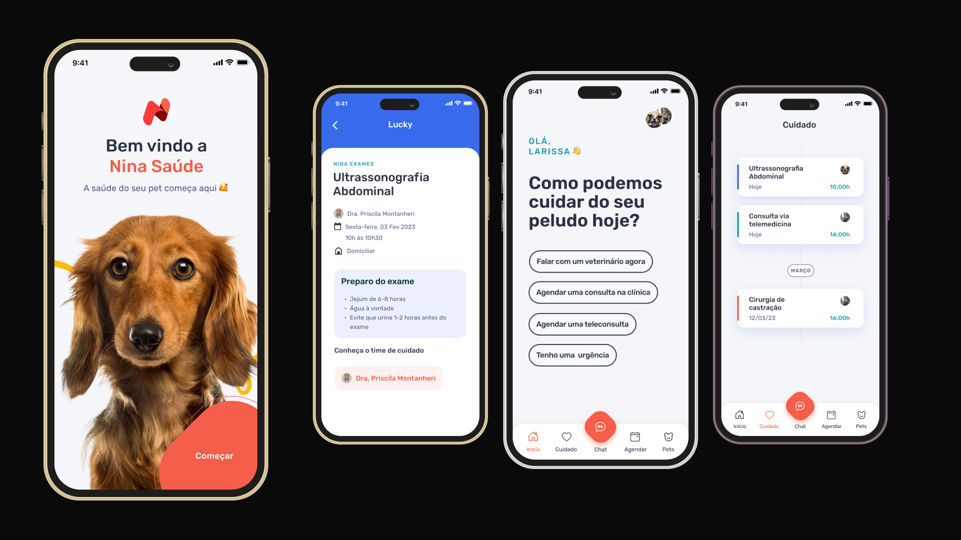 Nina Pet Health — Welcome, exam, home and care screens